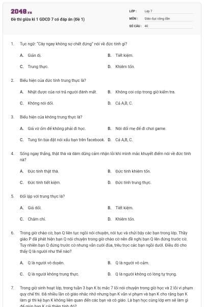 Đề thi giữa kì 1 GDCD 7 có đáp án (Đề 1)