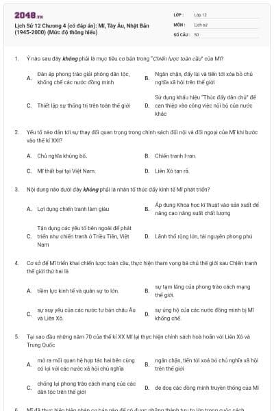 Lịch Sử 12 Chương 4 (có đáp án): Mĩ, Tây Âu, Nhật Bản (1945-2000) (Mức độ thông hiểu)