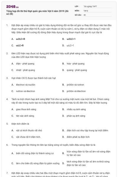 Tổng hợp đề thi thử thpt quốc gia môn Vật lí năm 2019 (đề số 28)