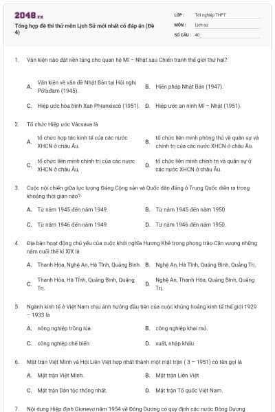 Tổng hợp đề thi thử môn Lịch Sử mới nhất có đáp án (Đề 4)