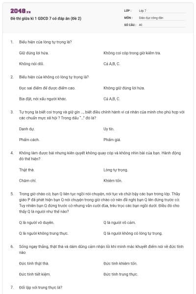 Đề thi giữa kì 1 GDCD 7 có đáp án (Đề 2)