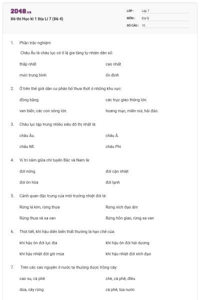 Đề thi Học kì 1 Địa Lí 7 (Đề 4)