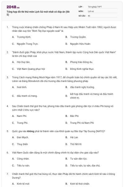 Tổng hợp đề thi thử môn Lịch Sử mới nhất có đáp án (Đề 5)
