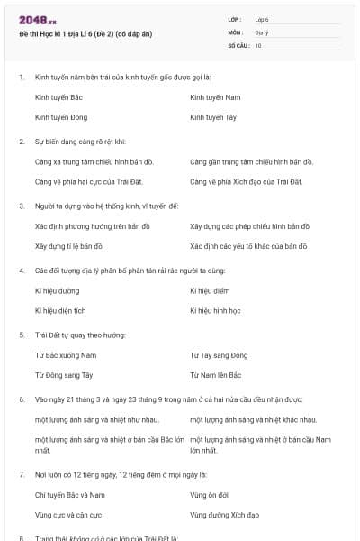 Đề thi Học kì 1 Địa Lí 6 (Đề 2) (có đáp án)