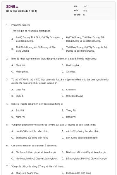 Đề thi Học kì 2 Địa Lí 7 (Đề 1)