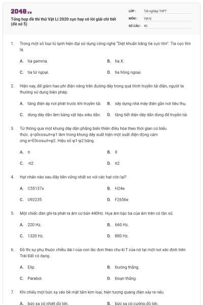 Tổng hợp đề thi thử Vật Lí 2020 cực hay có lời giải chi tiết (đề số 5)