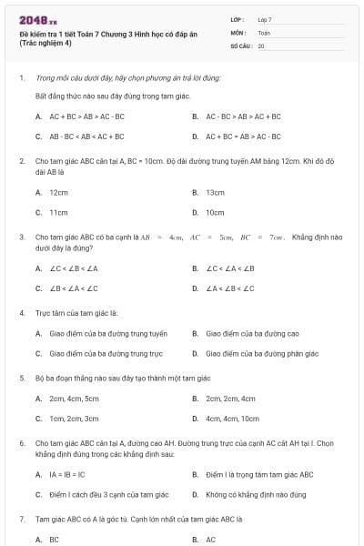 Đề kiểm tra 1 tiết Toán 7 Chương 3 Hình học có đáp án (Trắc nghiệm 4)