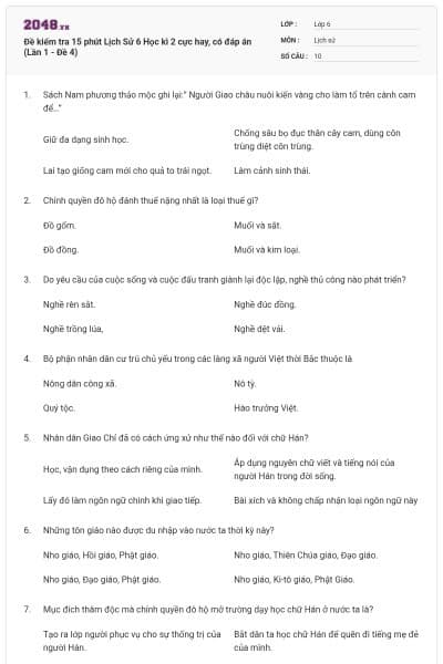 Đề kiểm tra 15 phút Lịch Sử 6 Học kì 2 cực hay, có đáp án (Lần 1 - Đề 4)