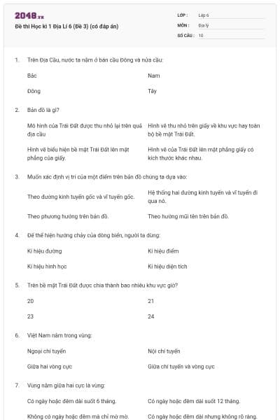 Đề thi Học kì 1 Địa Lí 6 (Đề 3) (có đáp án)