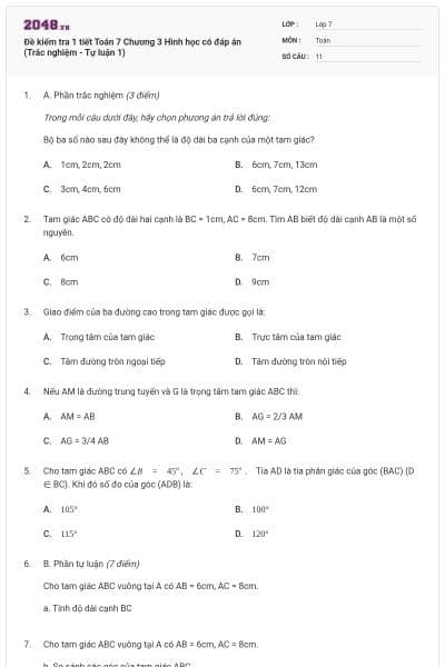 Đề kiểm tra 1 tiết Toán 7 Chương 3 Hình học có đáp án (Trắc nghiệm - Tự luận 1)