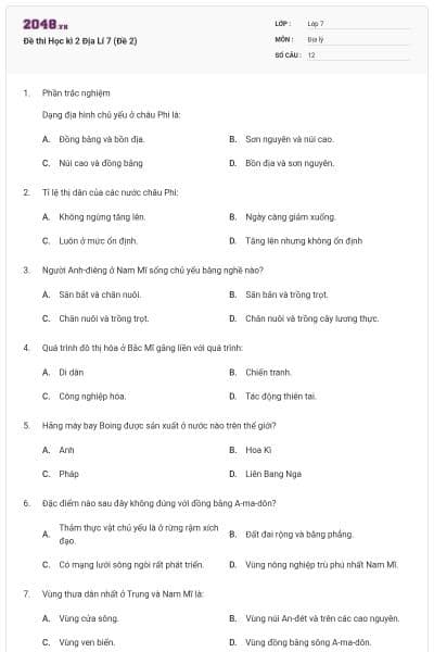 Đề thi Học kì 2 Địa Lí 7 (Đề 2)