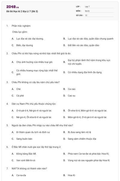 Đề thi Học kì 2 Địa Lí 7 (Đề 3)