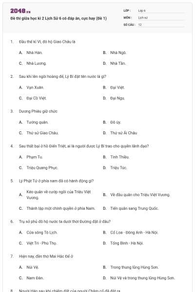 Đề thi giữa học kì 2 Lịch Sử 6 có đáp án, cực hay (Đề 1)