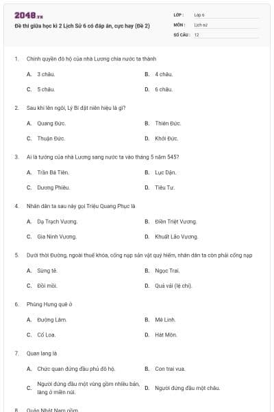 Đề thi giữa học kì 2 Lịch Sử 6 có đáp án, cực hay (Đề 2)