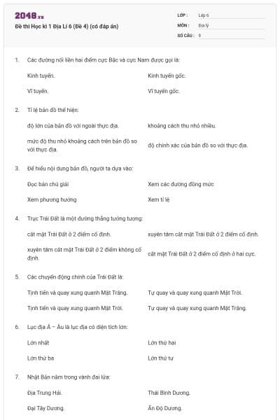 Đề thi Học kì 1 Địa Lí 6 (Đề 4) (có đáp án)