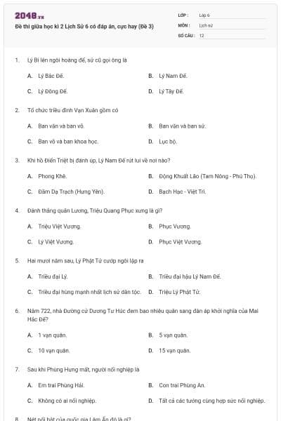 Đề thi giữa học kì 2 Lịch Sử 6 có đáp án, cực hay (Đề 3)