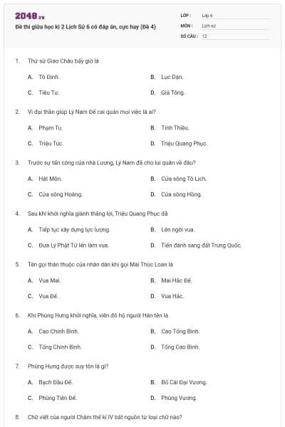 Đề thi giữa học kì 2 Lịch Sử 6 có đáp án, cực hay (Đề 4)