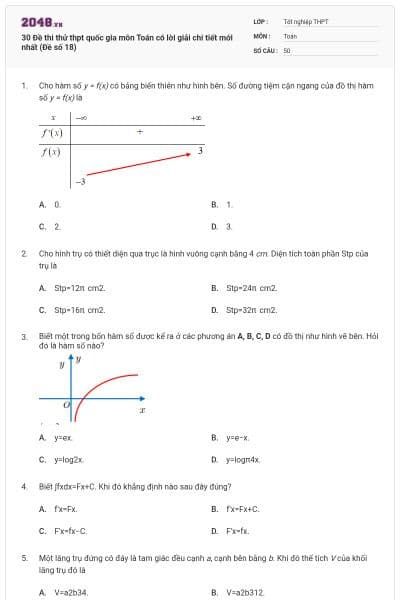 30 Đề thi thử thpt quốc gia môn Toán có lời giải chi tiết mới nhất (Đề số 18)