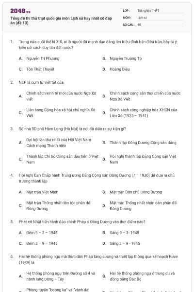 Tổng đề thi thử thpt quốc gia môn Lịch sử hay nhất có đáp án (đề 13)