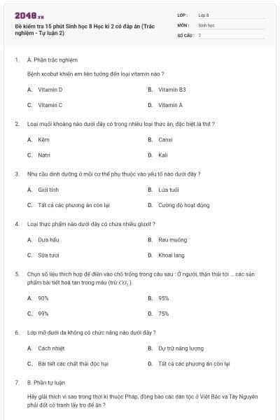 Đề kiểm tra 15 phút Sinh học 8 Học kì 2 có đáp án (Trắc nghiệm - Tự luận 2)