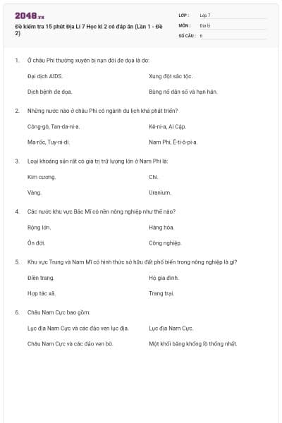 Đề kiểm tra 15 phút Địa Lí 7 Học kì 2 có đáp án (Lần 1 - Đề 2)