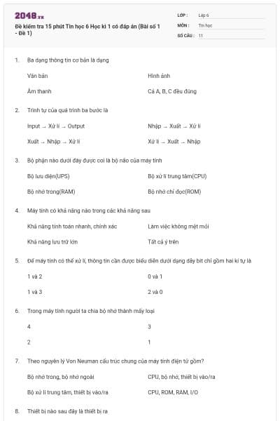 Đề kiểm tra 15 phút Tin học 6 Học kì 1 có đáp án (Bài số 1 - Đề 1)