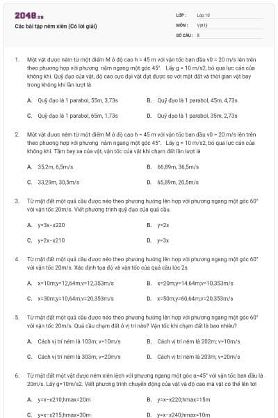 Các bài tập ném xiên (Có lời giải)