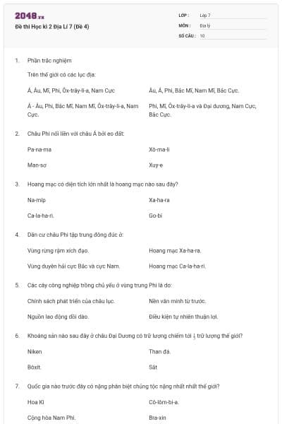 Đề thi Học kì 2 Địa Lí 7 (Đề 4)