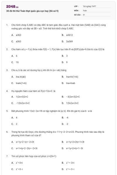 30 đề thi thử Toán thpt quốc gia cực hay (Đề số 9)