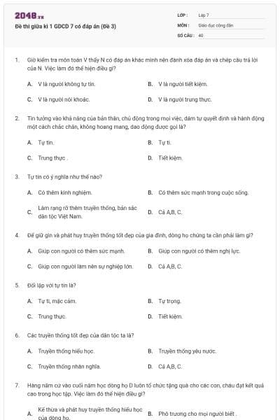 Đề thi giữa kì 1 GDCD 7 có đáp án (Đề 3)