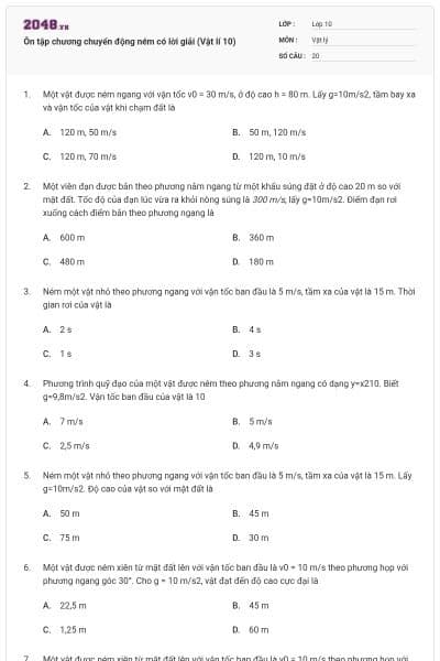 Ôn tập chương chuyển động ném có lời giải (Vật lí 10)
