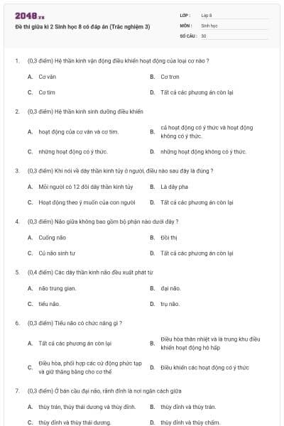 Đề thi giữa kì 2 Sinh học 8 có đáp án (Trắc nghiệm 3)