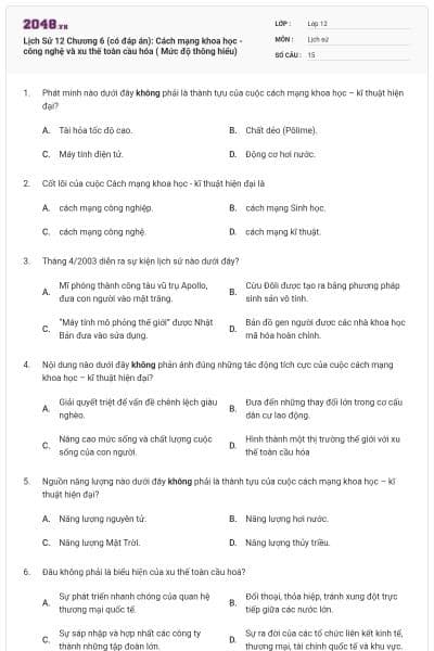 Lịch Sử 12 Chương 6 (có đáp án): Cách mạng khoa học - công nghệ và xu thế toàn cầu hóa ( Mức độ thông hiểu)