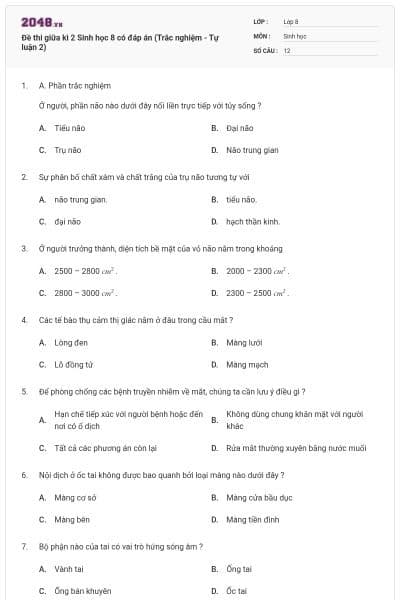 Đề thi giữa kì 2 Sinh học 8 có đáp án (Trắc nghiệm - Tự luận 2)