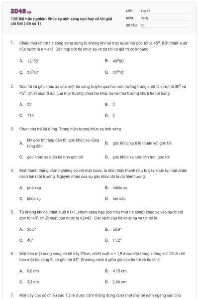 128 Bài trắc nghiệm Khúc xạ ánh sáng cực hay có lời giải chi tiết ( đề số 1)