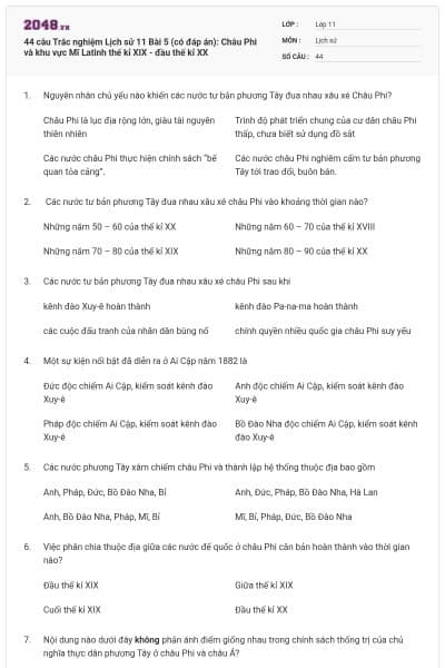 44 câu Trắc nghiệm Lịch sử 11 Bài 5 (có đáp án): Châu Phi và khu vực Mĩ Latinh thế kỉ XIX - đầu thế kỉ XX