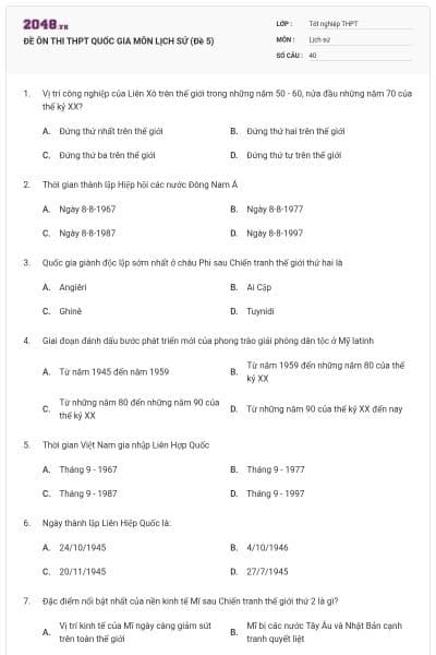 ĐỀ ÔN THI THPT QUỐC GIA MÔN LỊCH SỬ (Đề 5)
