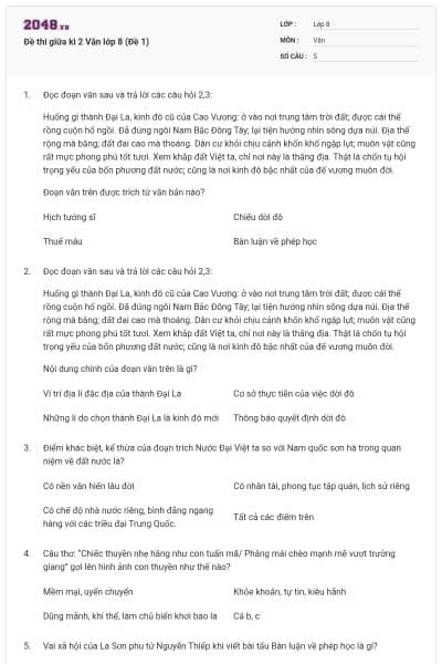 Đề thi giữa kì 2 Văn lớp 8 (Đề 1)