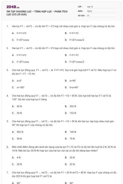 ÔN TẬP CHƯƠNG LỰC – TỔNG HỢP LỰC – PHÂN TÍCH LỰC (CÓ LỜI GIẢI)