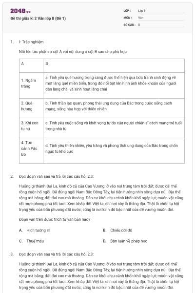 Đề thi giữa kì 2 Văn lớp 8 (Đề 1)