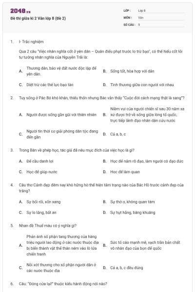 Đề thi giữa kì 2 Văn lớp 8 (Đề 2)