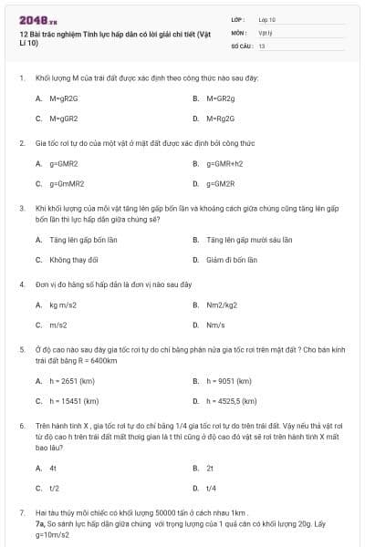 12 Bài trắc nghiệm Tính lực hấp dẫn có lời giải chi tiết (Vật Lí 10)