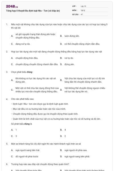 Tổng hợp lí thuyết Ba định luật Niu - Tơn (có đáp án)
