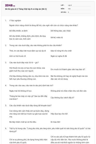 Đề thi giữa kì 2 Tiếng Việt lớp 8 có đáp án (Đề 2)