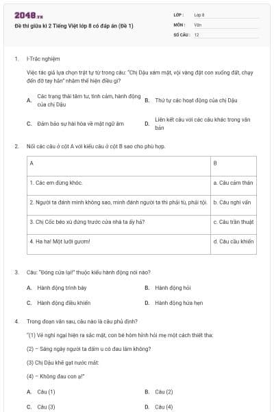 Đề thi giữa kì 2 Tiếng Việt lớp 8 có đáp án (Đề 1)