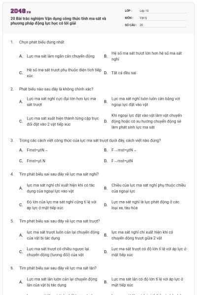 20 Bài trắc nghiệm Vận dụng công thức tính ma sát và phương pháp động lực học có lời giải