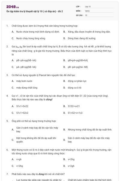 Ôn tập kiểm tra lý thuyết vật lý 10 ( có đáp án) - đề 2