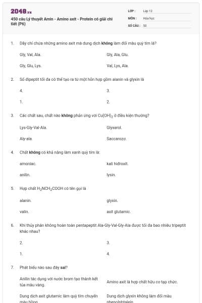 450 câu Lý thuyết Amin - Amino axit - Protein có giải chi tiết (P6)