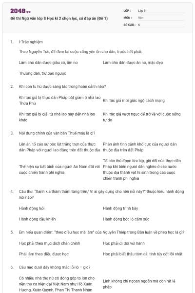 Đề thi Ngữ văn lớp 8 Học kì 2 chọn lọc, có đáp án (Đề 1)