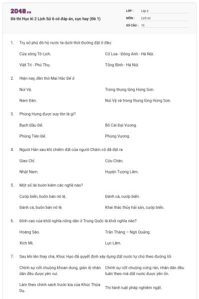 Đề thi Học kì 2 Lịch Sử 6 có đáp án, cực hay (Đề 1)
